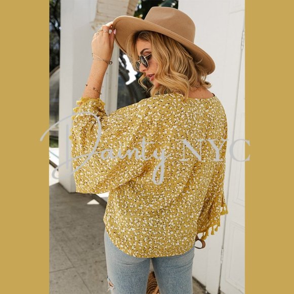 Boho Yellow Confetti Blouse Tassel Fringe Sleeve - Picture 6 of 9